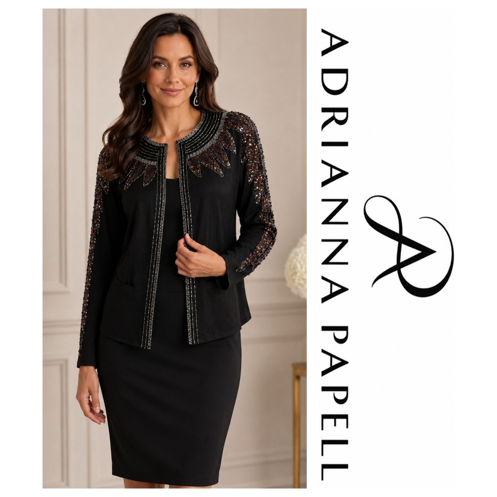 Adrianna Papell Evening Essentials Black Beaded Sequin Jacket Size 8 Medium NWT